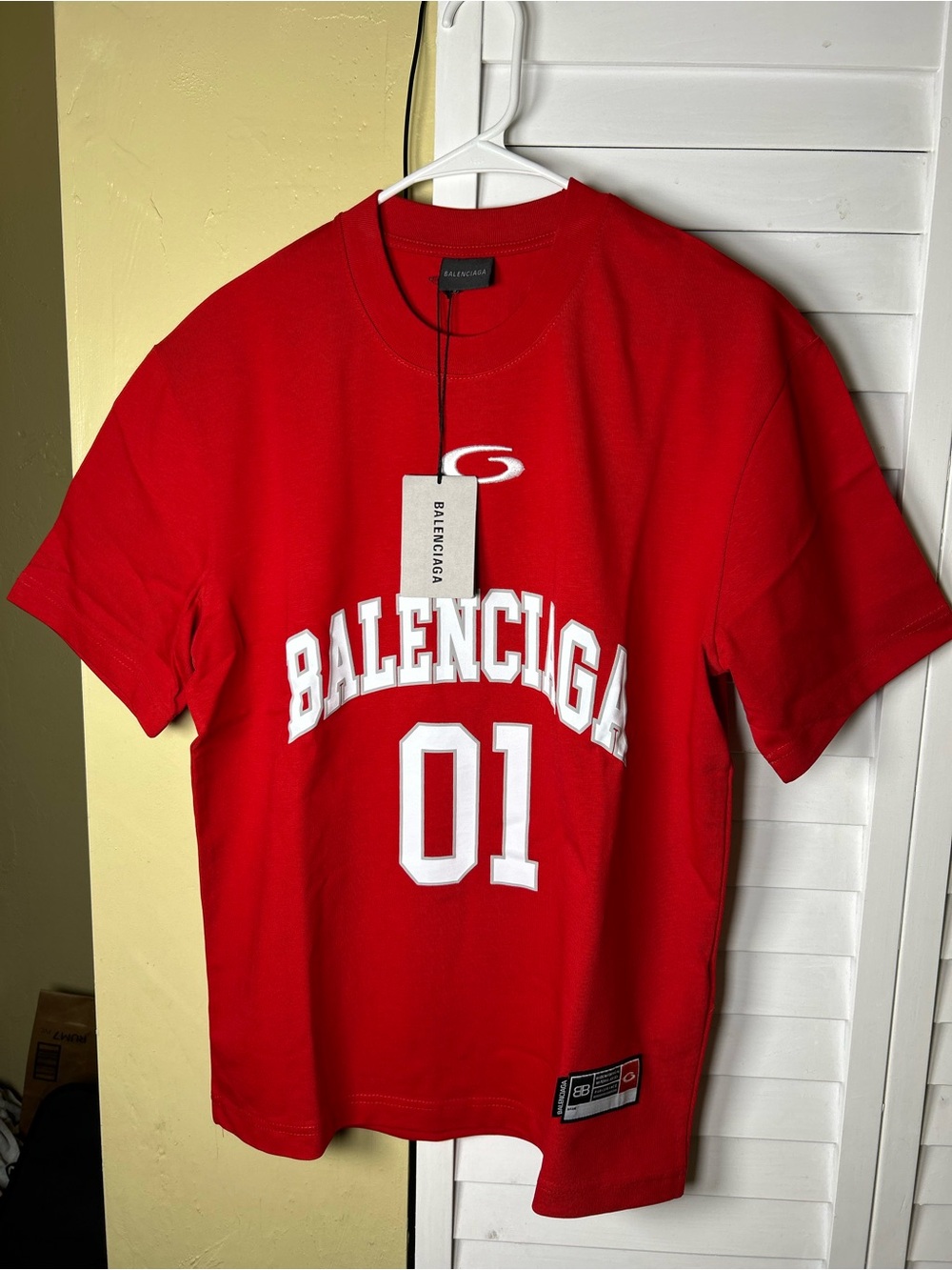 Balenciaga Red Short-Sleeve Logo Tee with White '01'